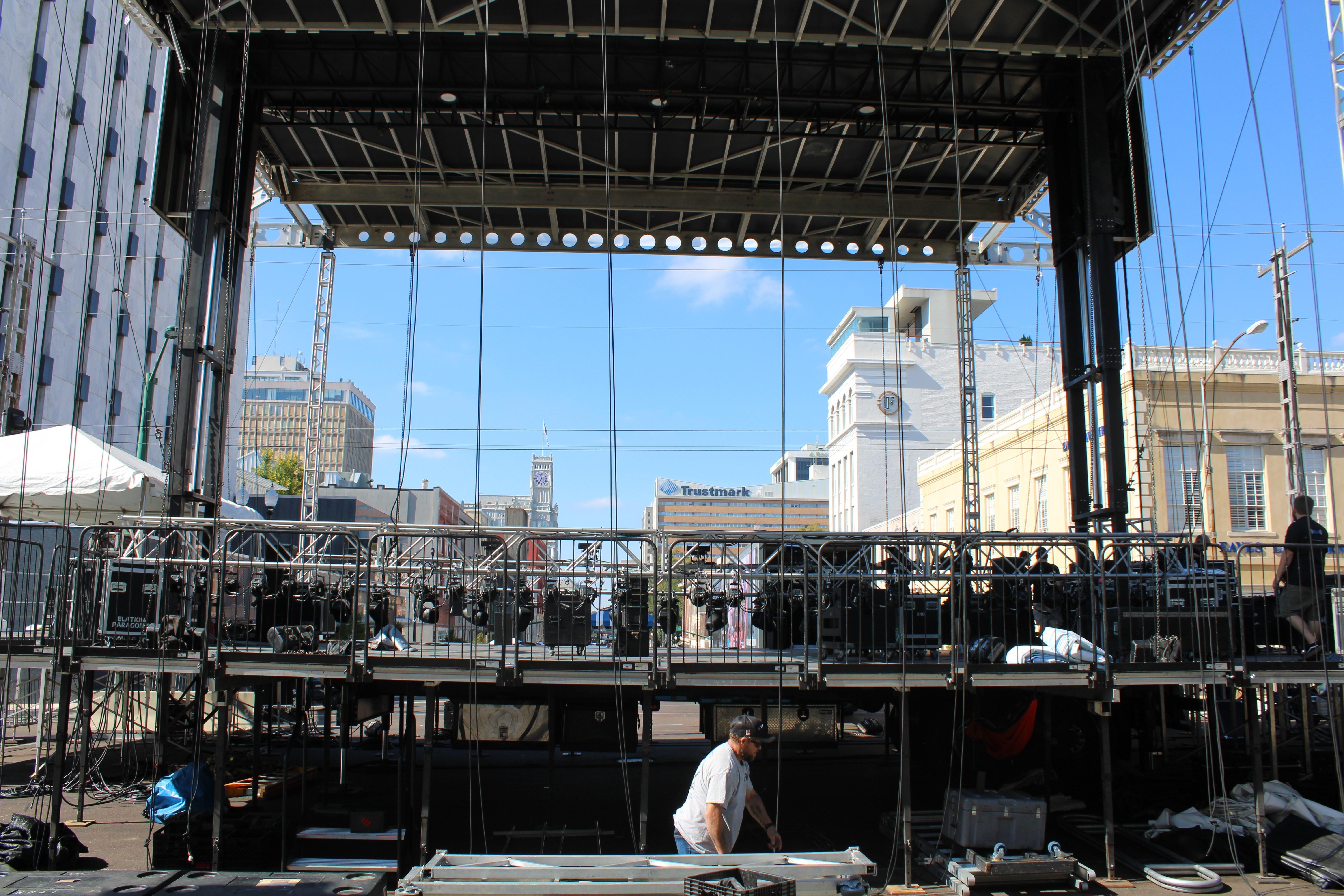 A stage is assembled on State Street in Jackson.
