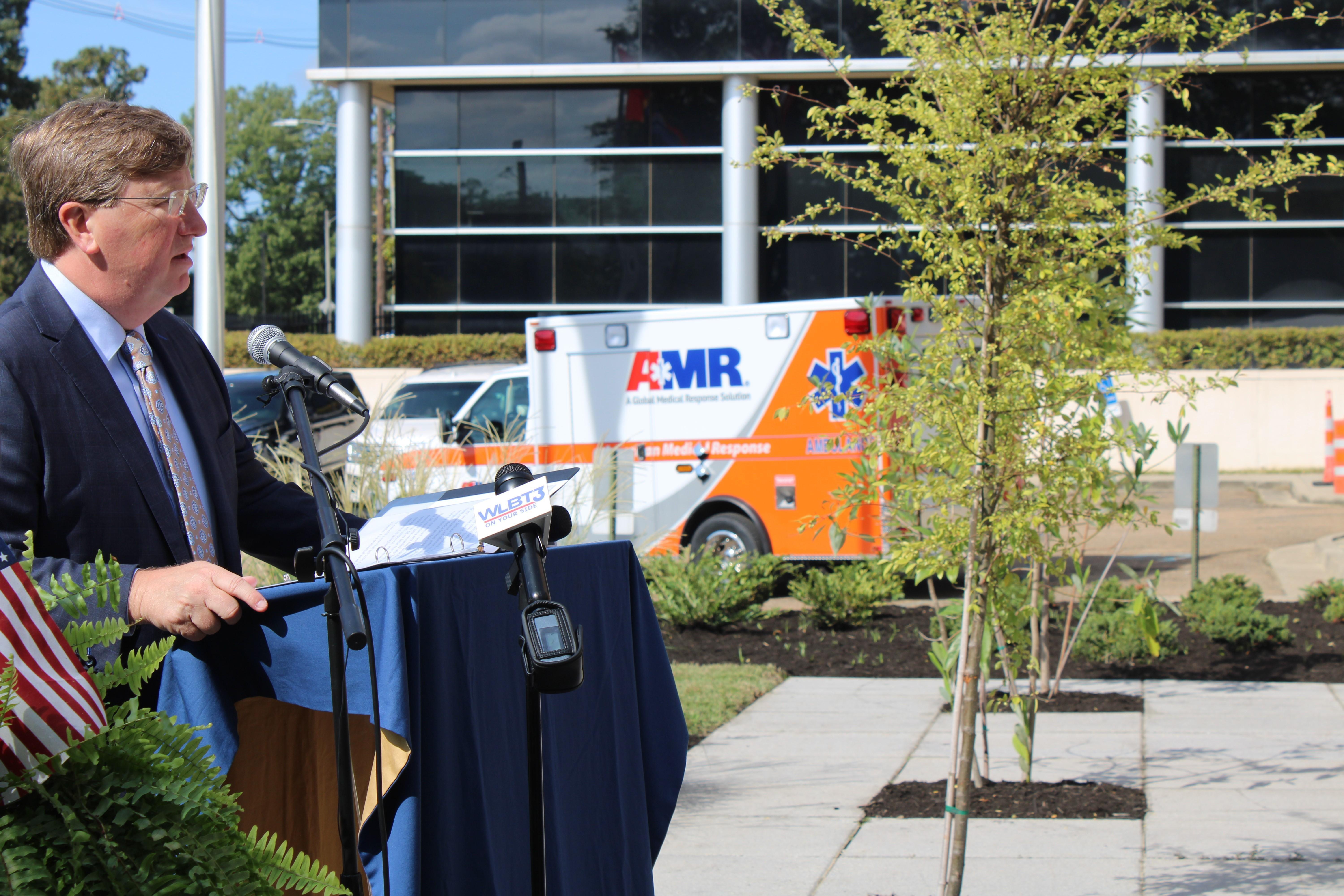 Gov. Tate Reeves speaks at an EMS memorial ceremony honoring those killed in the line of duty.