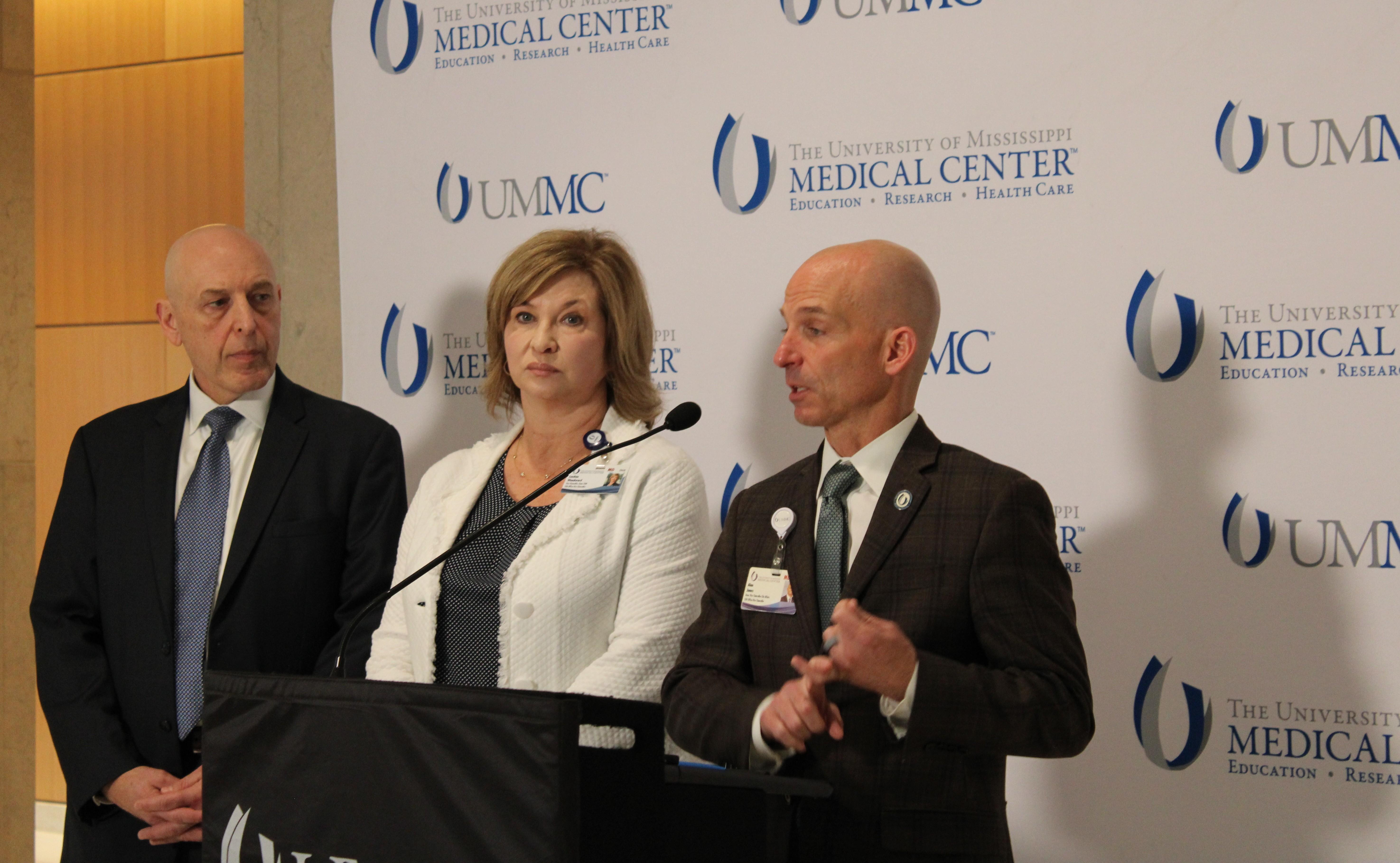 FBI Special Agent Robert Eikhoff, UMMC Vice-Chancellor Dr. LouAnn Woodward and Assistant Vice-Chancellor Dr. Alan Jones address the media at UMMC Thursday February 19, 2026.