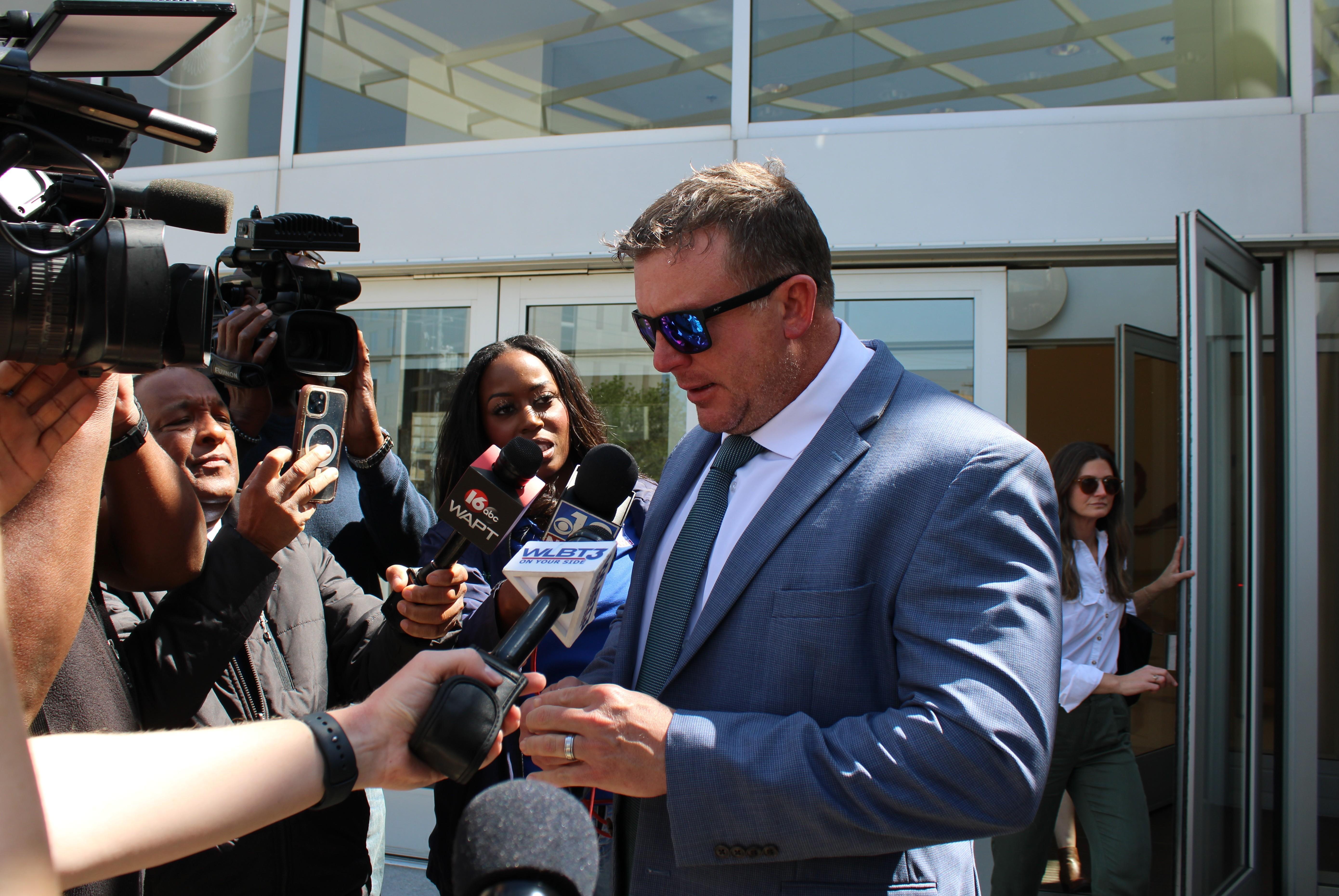 Former pro-wrestler Ted DiBiase Jr. speaks to reporters outside the Thad Cochran Federal Courthouse March 20, 2026.