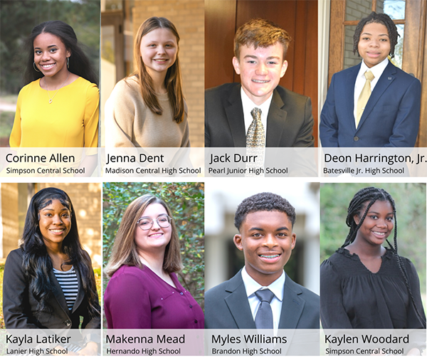 Mississippi Public Broadcasting Student Council. Top row: Corrine Allen, Jenna Dent, Jack Durr, Deon Harrinton, Jr. Bottom row: Kayla Latiker, Makenna Mead, Myles Williams, Kaylen Woodard.