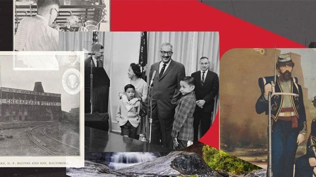 Collage of Thurgood Marshall, Chesapeake Pottery, soldiers in uniform