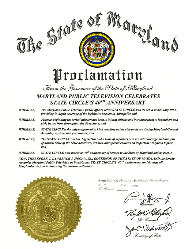 Proclamation from the Maryland Governor - 40 Years of State Circle