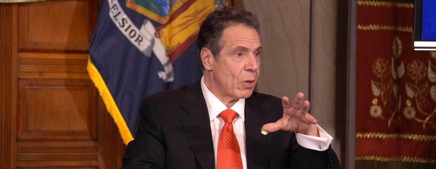 Gov. Andrew Cuomo speaks to reports Thursday April 9, 2020.