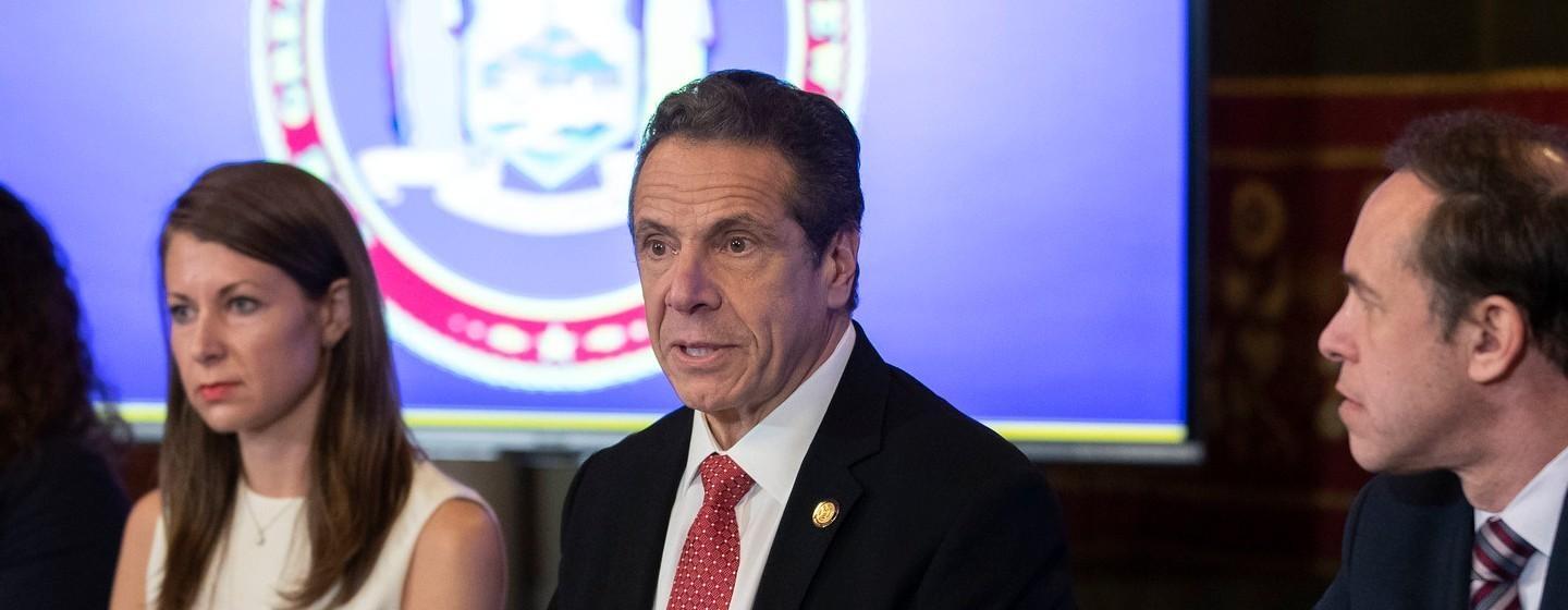 Governor Andrew Cuomo speaks to reporters in Albany