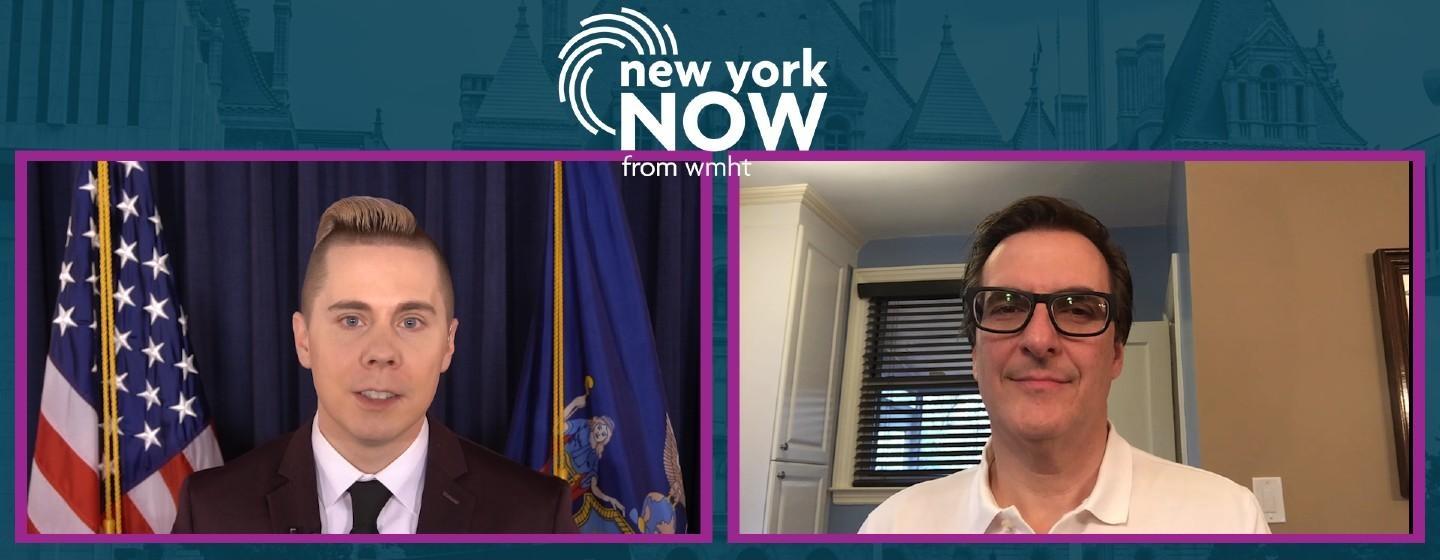 Side by side image of Dan Clark interviewing Sen. Mike Gianaris remotely