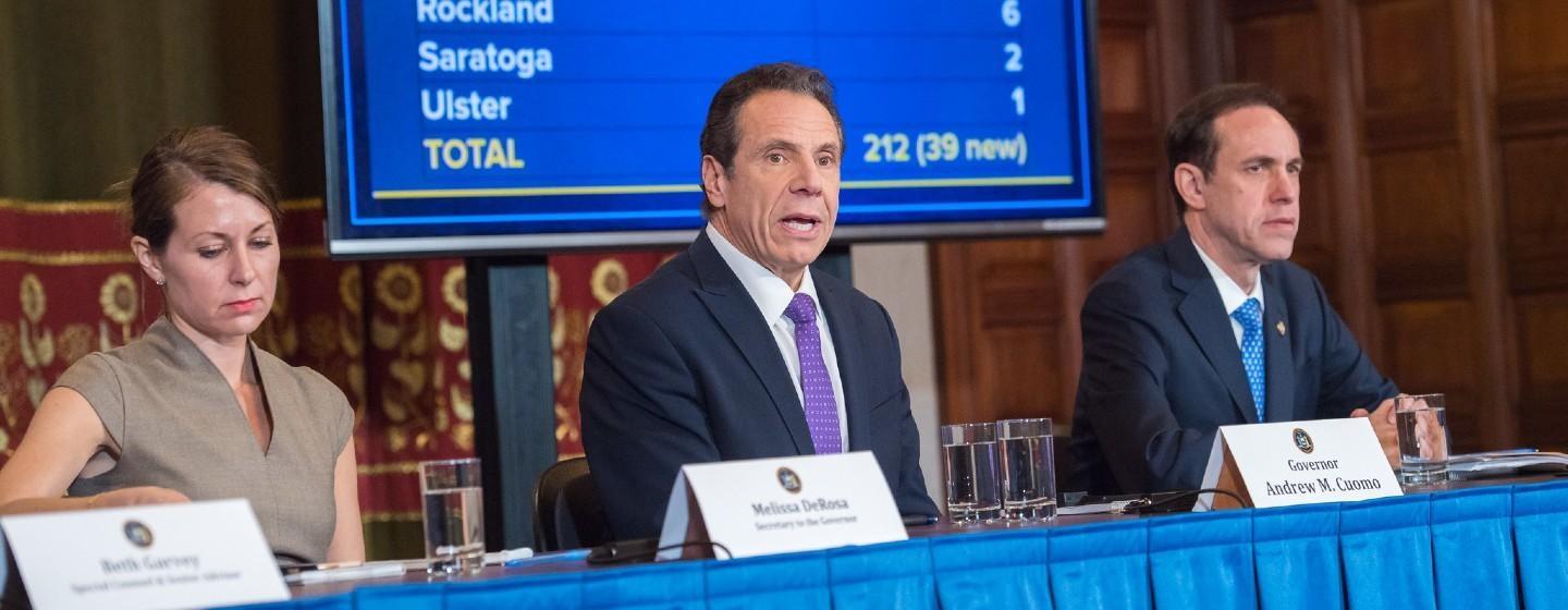 Gov. Andrew Cuomo speaks to reporters in Albany.