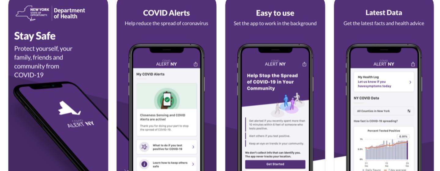 Screenshots of the New York State COVID-19 tracking app