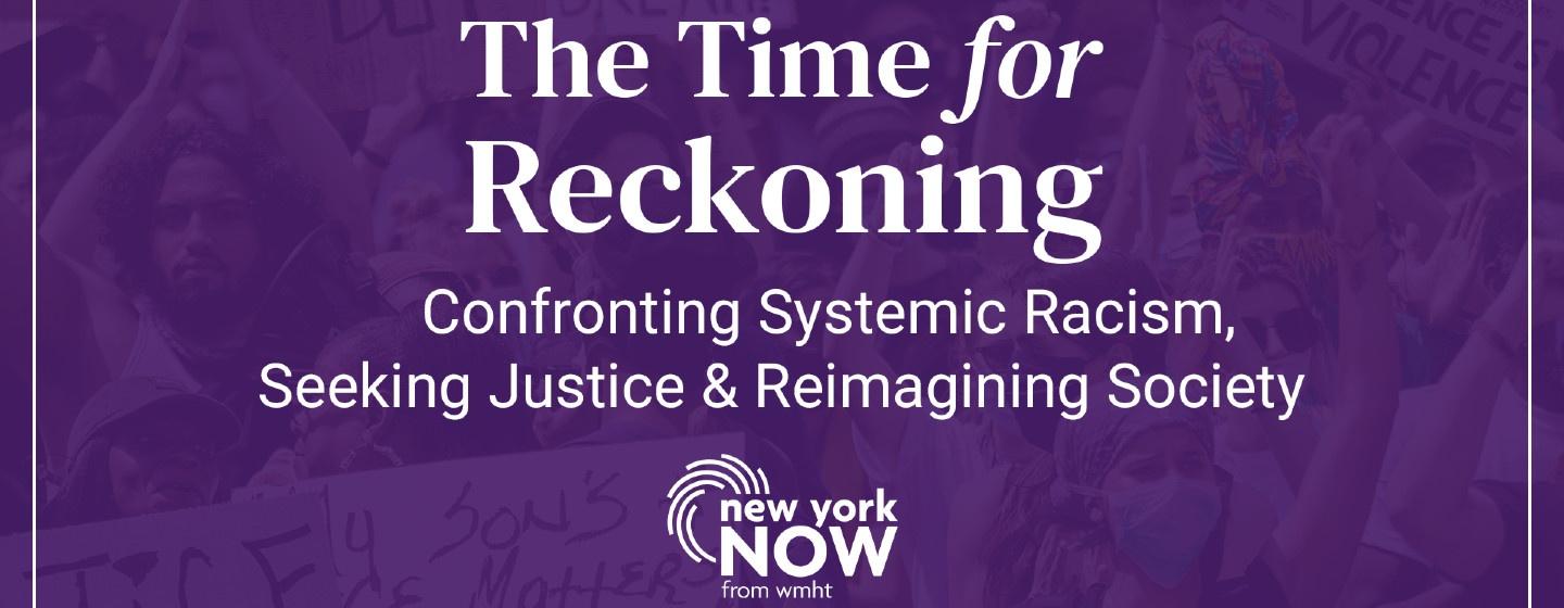 The Time for Reckoning logo on a purple transparent overlay of protestors