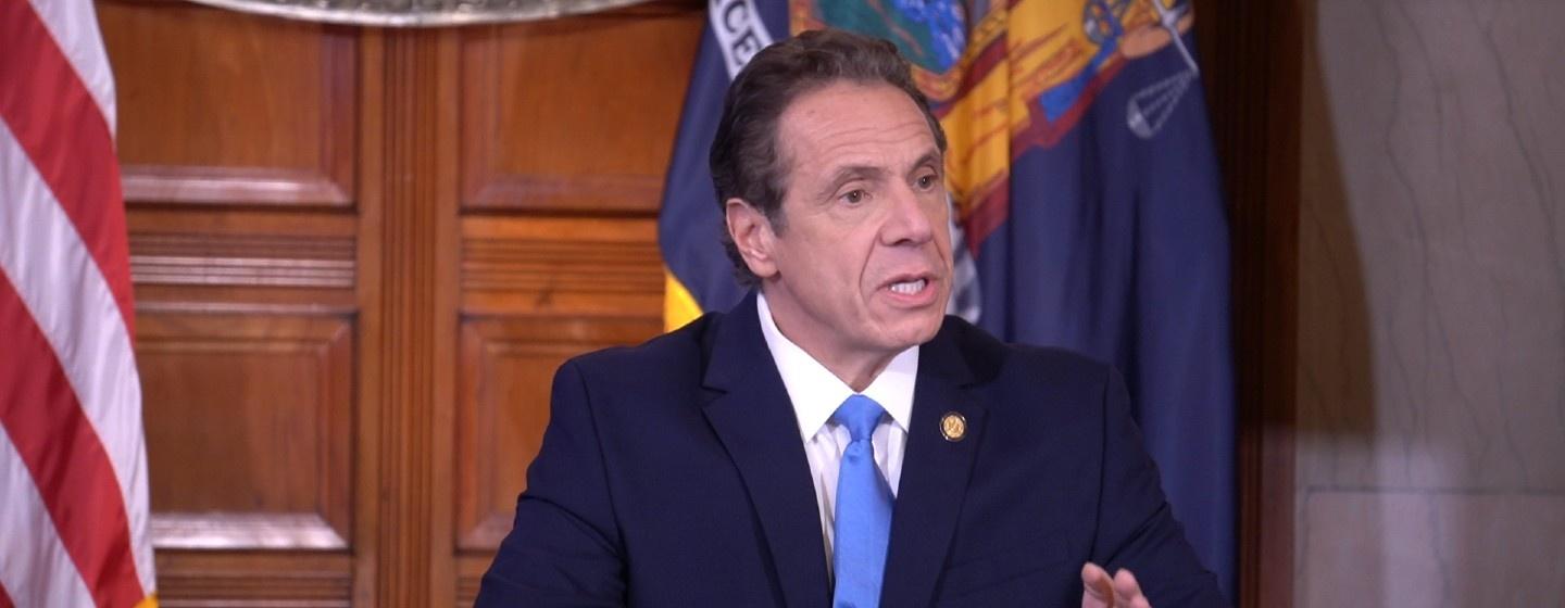 Gov. Andrew Cuomo speaks to reporters Monday, March 16, 2020.