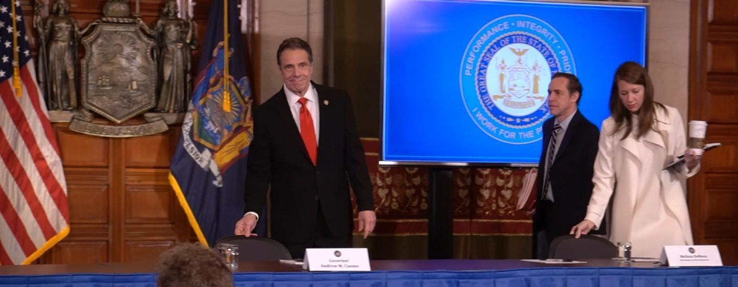 Gov. Andrew Cuomo speaks to reporters Monday April 13, 2020.