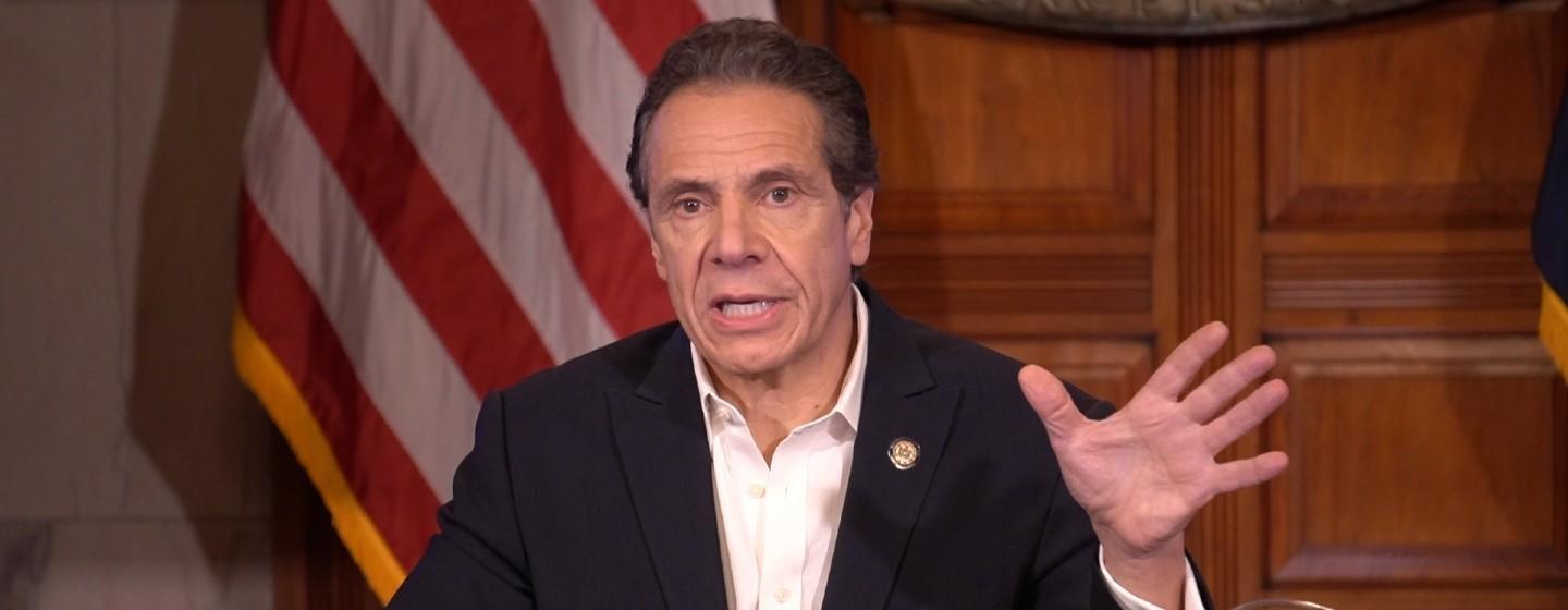 Gov. Andrew Cuomo speaks to reporters Saturday, March 28, 2020.