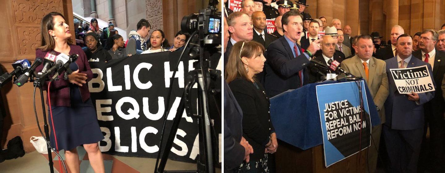 Assemblywoman Catalina Cruz (left) and Senator John Flanagan (right) participate in press events at the New York State Capitol Building.