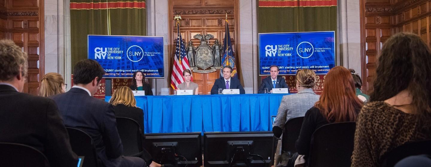 Gov. Andrew Cuomo speaks to reporters on Wednesday, March 11, 2020.