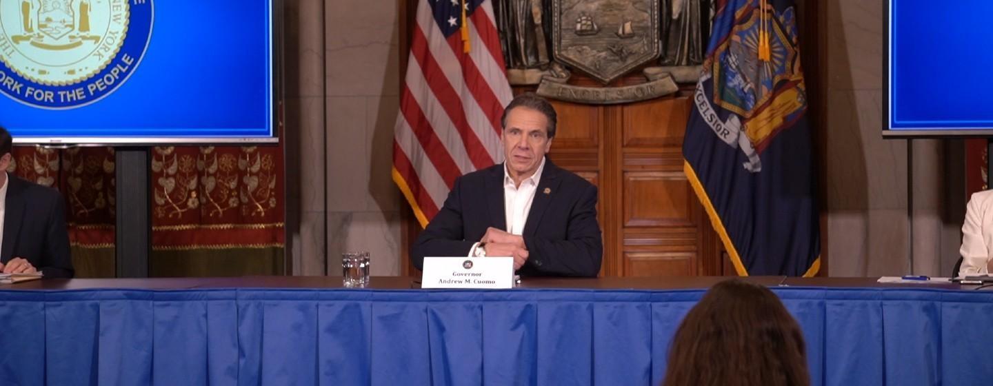 Gov. Andrew Cuomo speaks to reporters on Saturday, March 28, 2020.