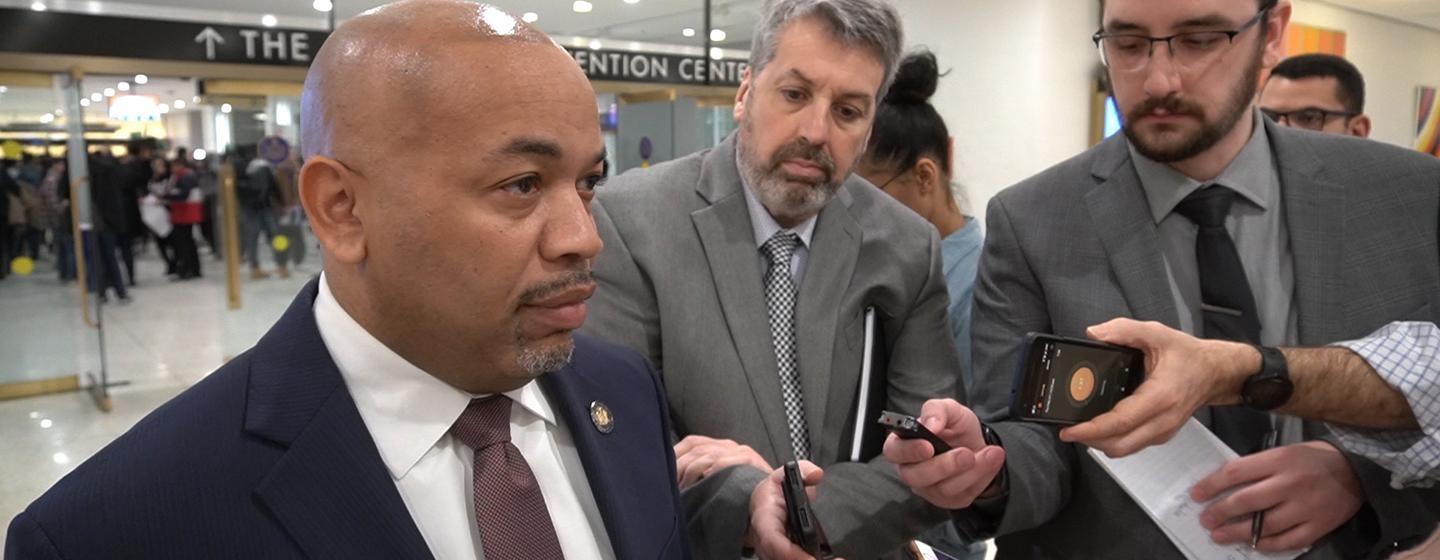 Assembly Speaker Carl Heastie speaks with reporters