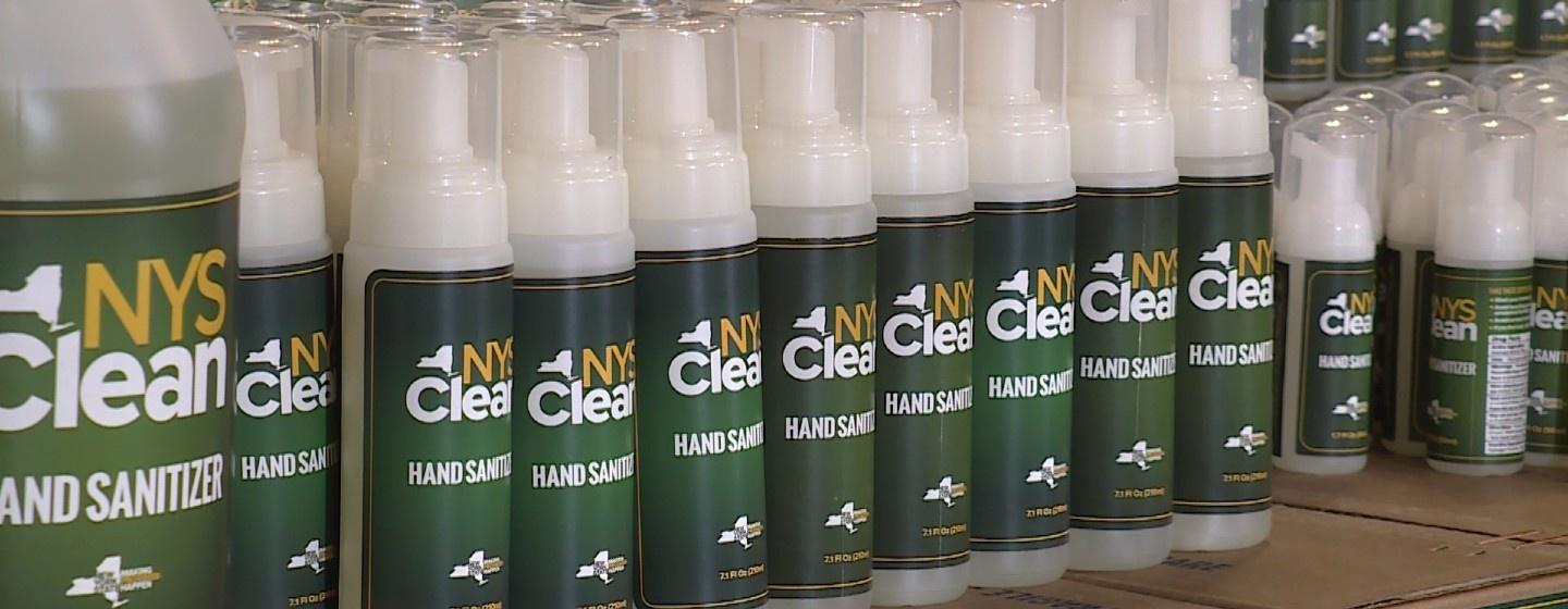 Bottles on New York State Clean Hand Sanitizer lined up