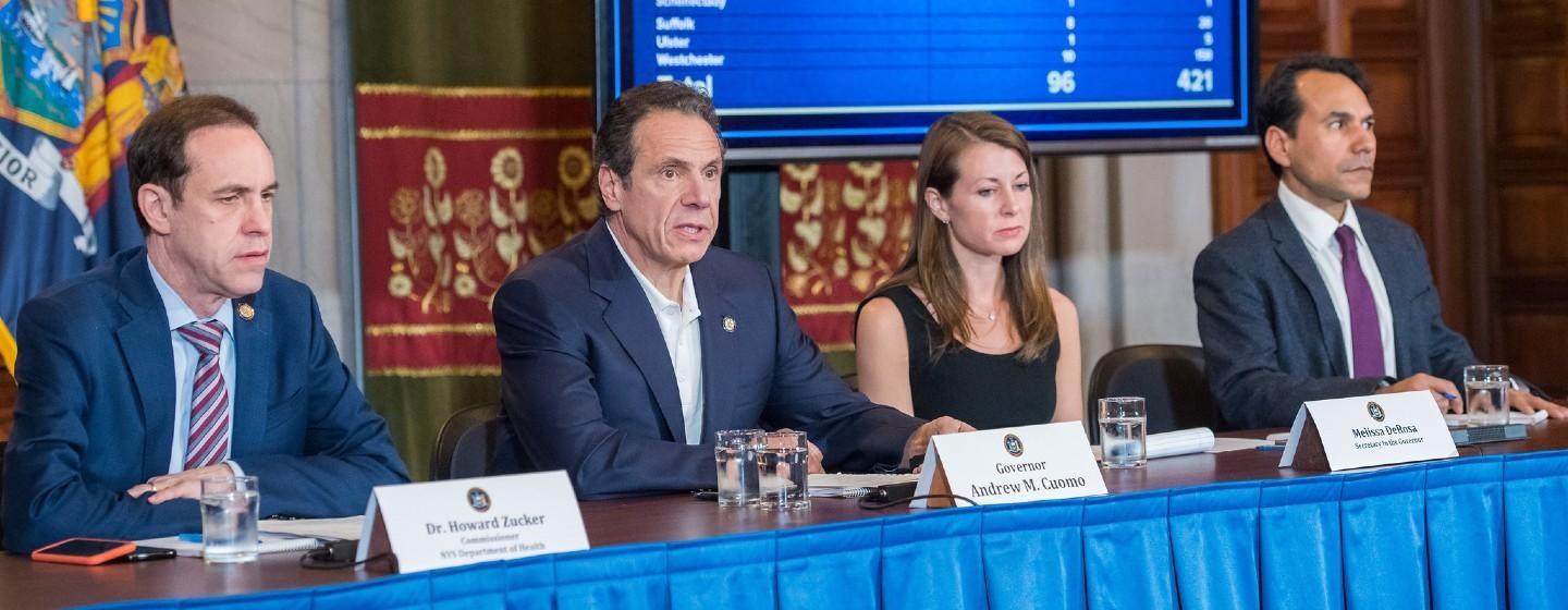 Gov. Andrew Cuomo speaks to reporters on Friday, March 13, 2020.