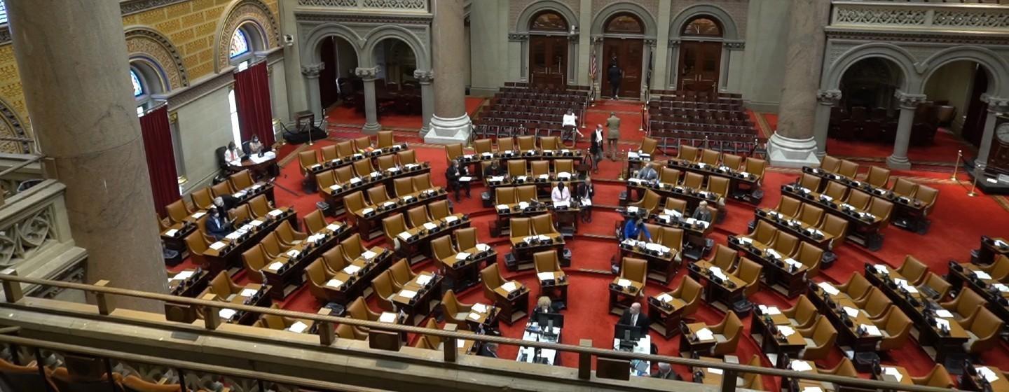 The New York State Assembly with a few people in seats