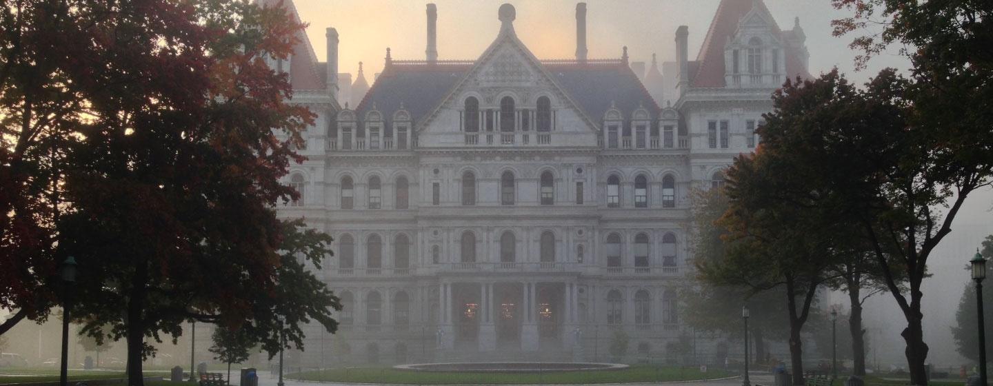 A foggy morning outside the New York State capitol