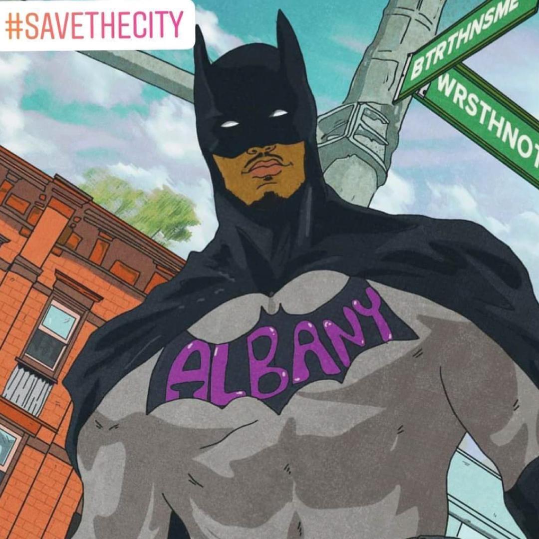 Illustration of Paul Collins-Hackett as BatMan with the Hashtag #SavetheCity in the corner