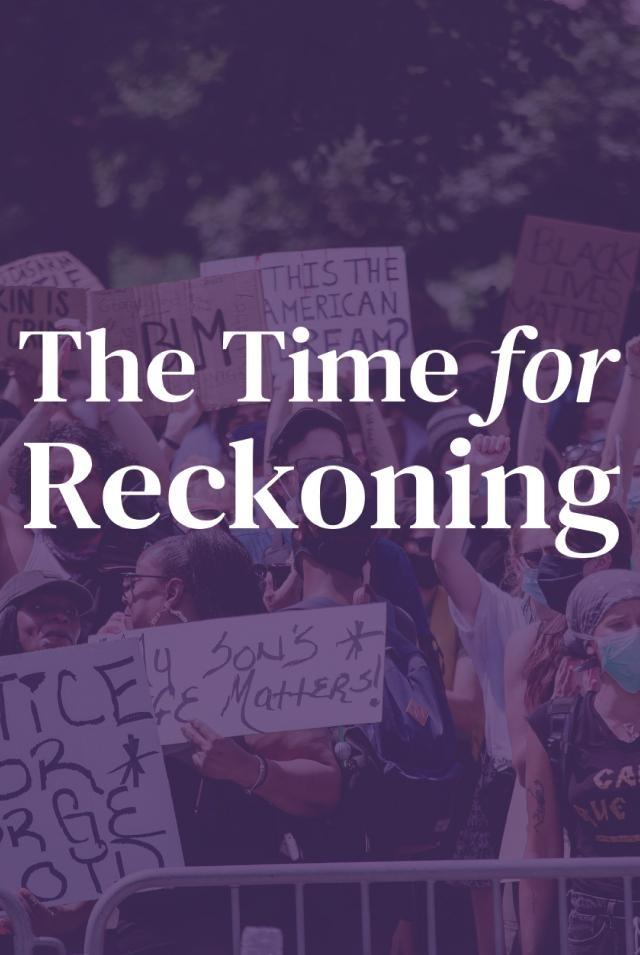 Protestors hold up signs in support of Black Lives Matter with a purple transparent overlay and The Time for Reckoning Logo