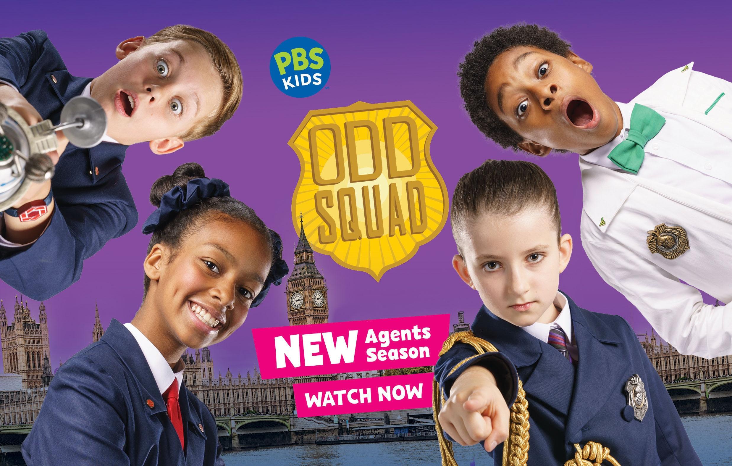 Four Odd Squad show characters with text that read Watch Now