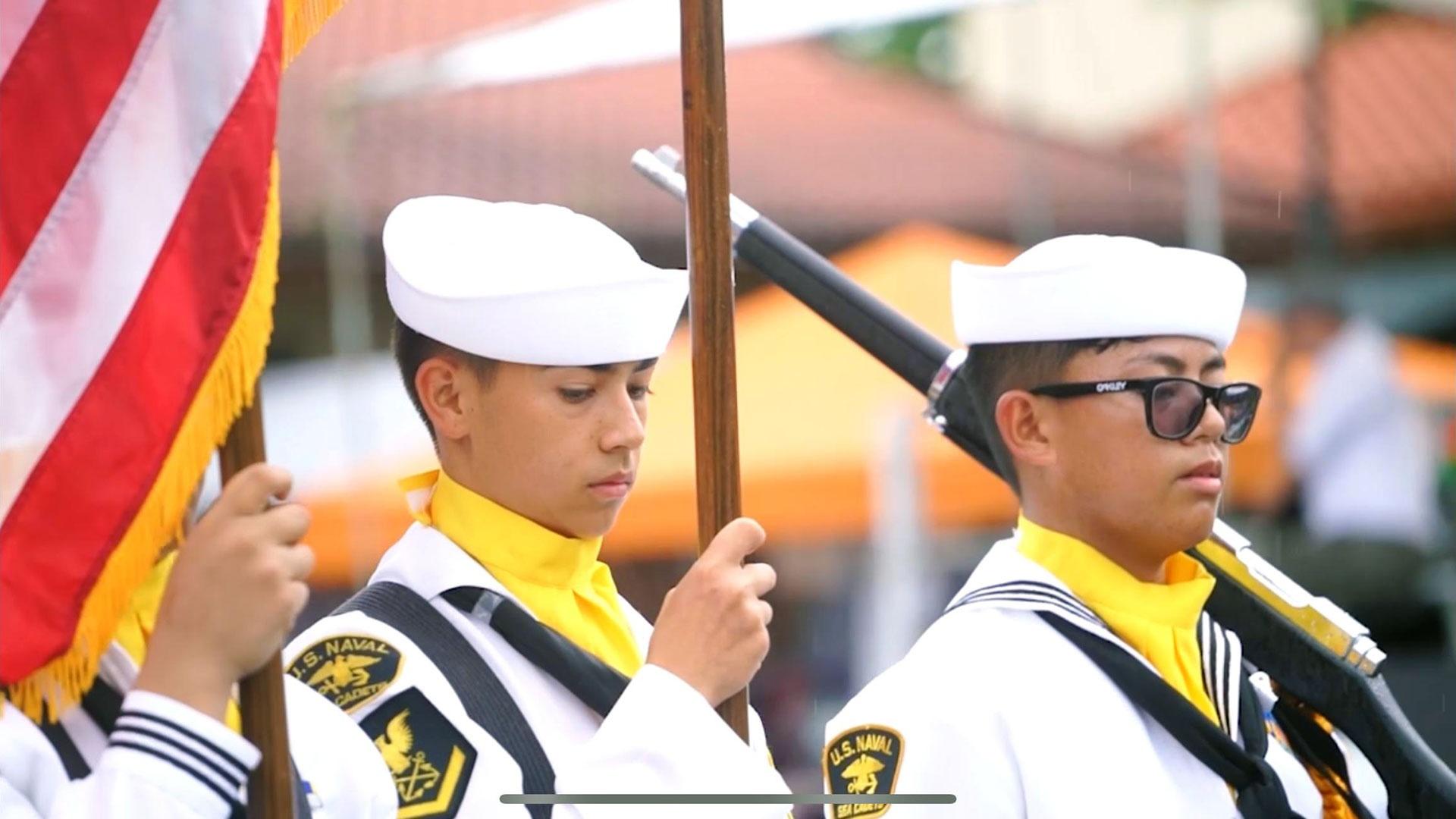 A close-up of US Navy soldiers as the march through the Guam Liberation Day Parade.