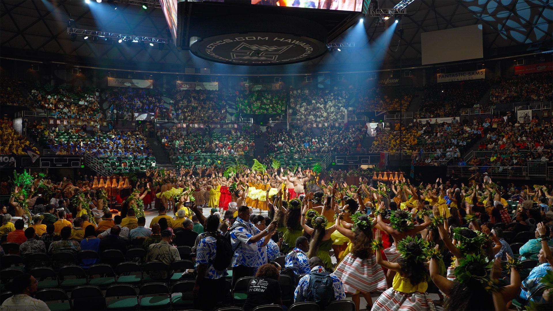 A large crowd of spectators at the indoor opening ceremonies of the 13th Festival of the Pacific Arts and Culture in Hawai’i.