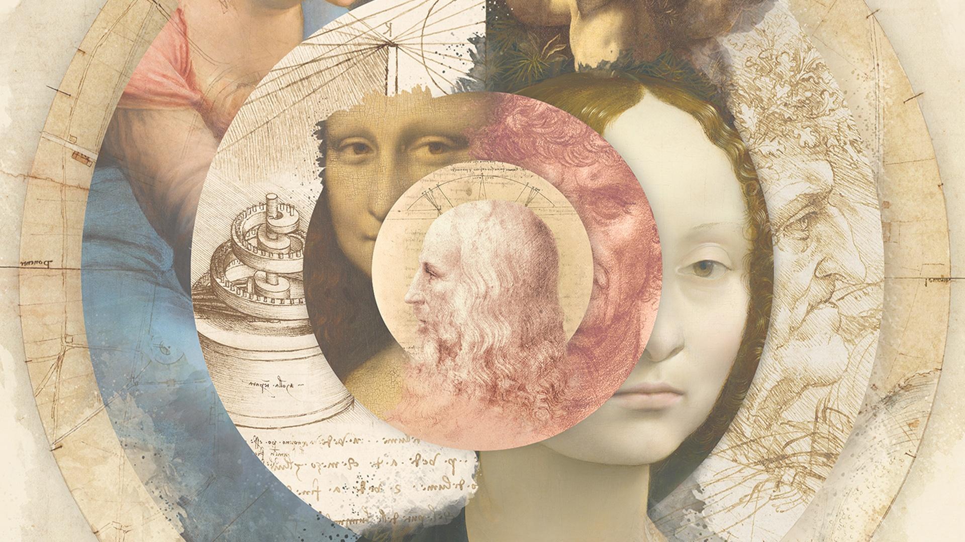 An art collage of Leonardo da Vinci's famous works.