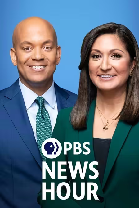 Poster for the PBS national series PBS News Hour with its two hosts smiling in front of a blue backdrop