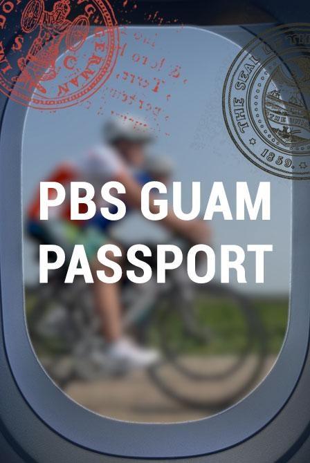 PBS Guam Passport show poster of our perspective looking out of an airplane window while a group of cyclists rides by.