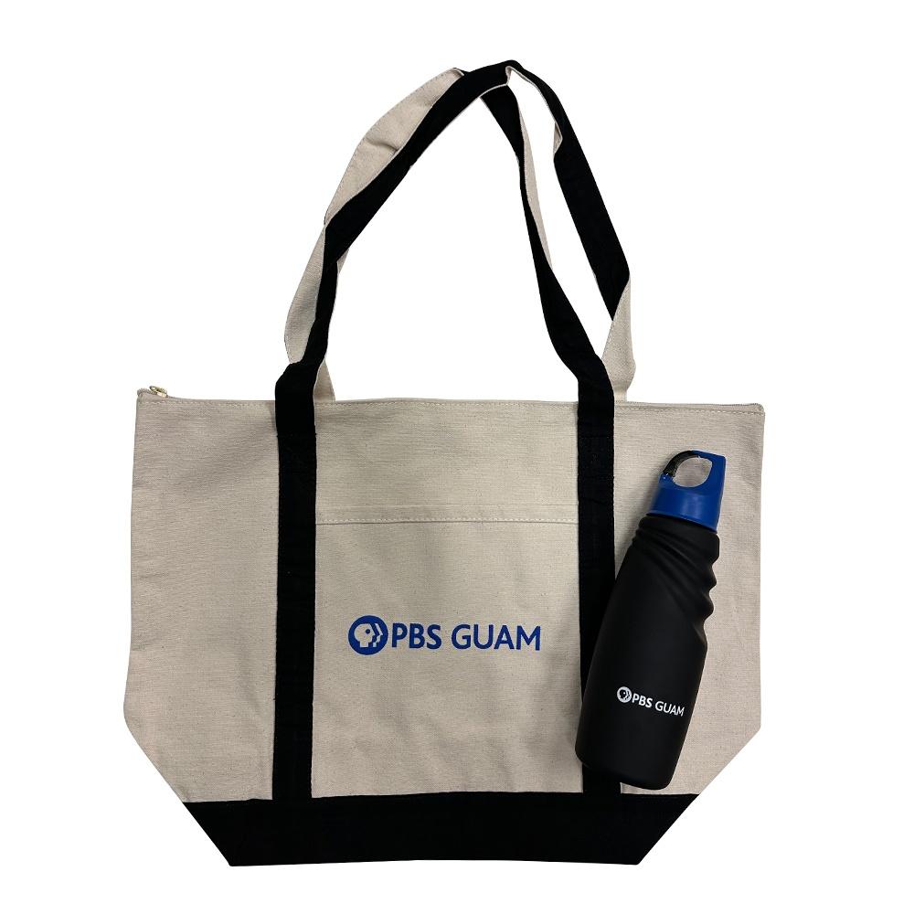 PBS Guam tote bag and water bottle