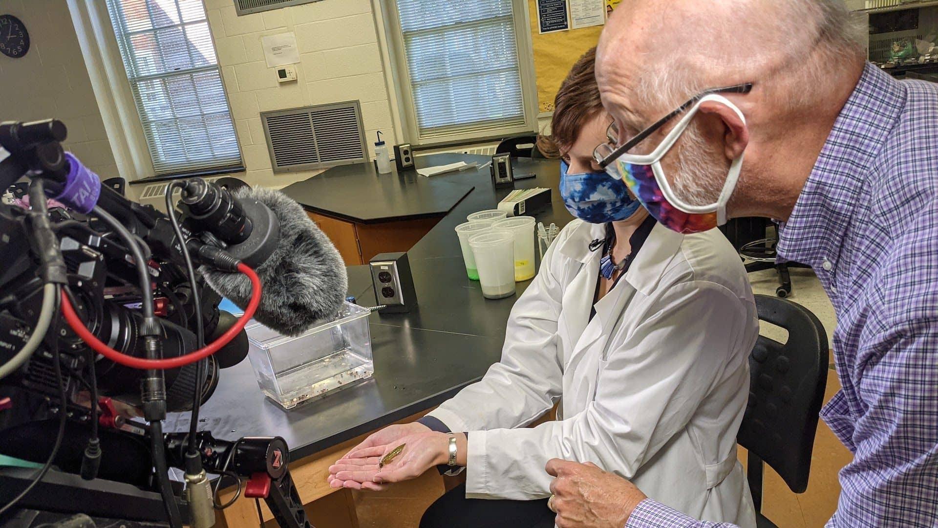 Frank Graff and featured scientist examine a dragonfly