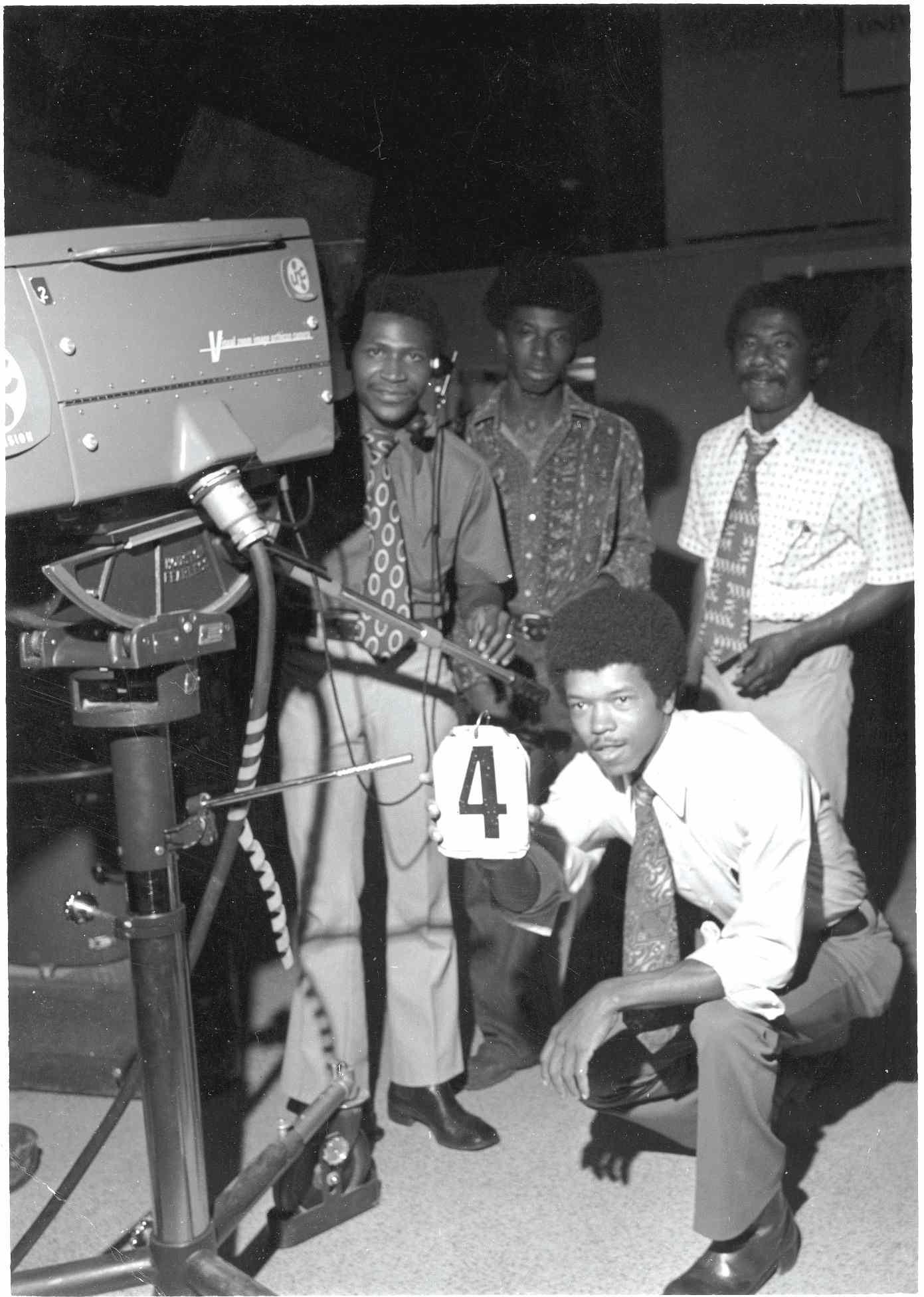 UNC-TV production staffers Jimmie Bullock and Claude Debnam with a 1970s studio crew.