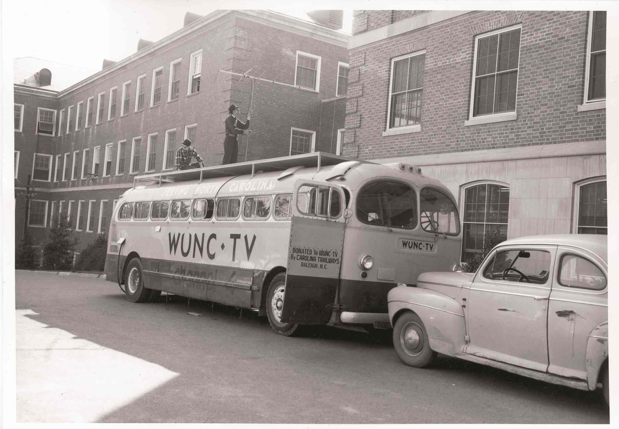 WUNC-TV's first mobile unit was obtained in the 1960s, a donated Carolina Trailways bus.