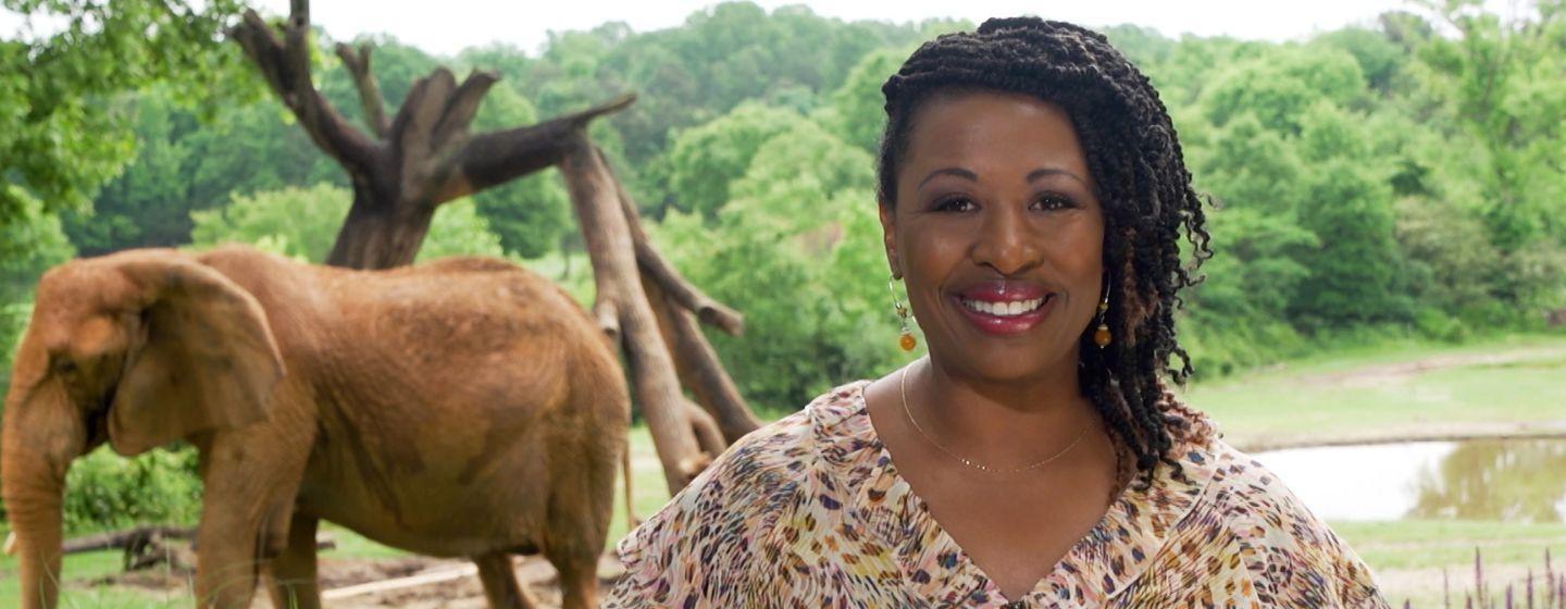 Deborah Holt Noel, host of NC Weekend in front an elephant at the NC Zoo.