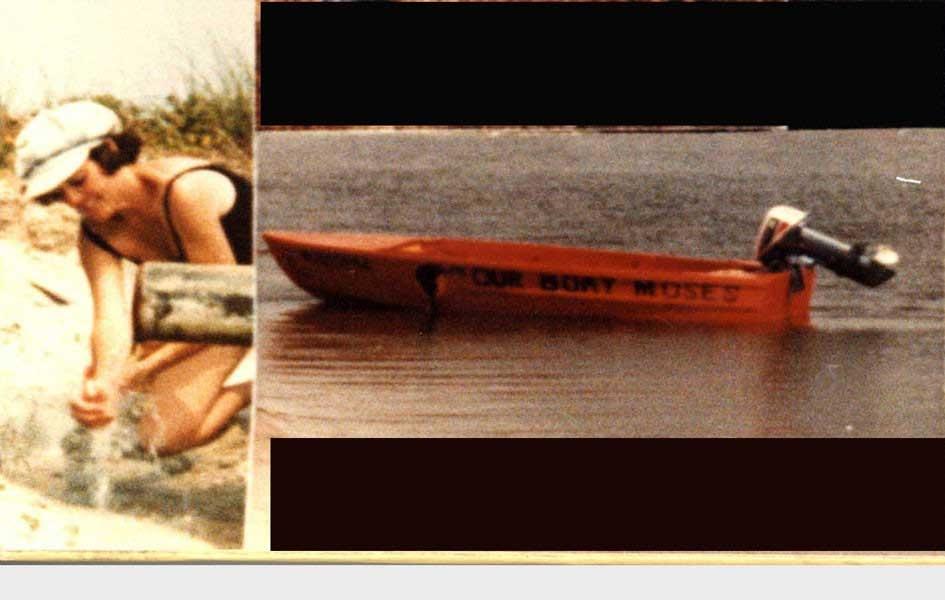 two old photos side by side, one with a red boat in the water, one with a woman kneeling in the sand