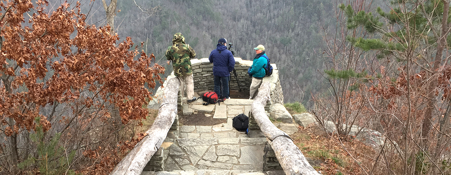 Three people standing near the edge of a brick-layer ledge. Passed that is a mountain range full of trees