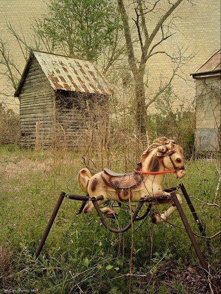 Vintage horse rocker sits outside surrounded by tall grass and weeds. Behind it is two wooden sheds with bare trees filling the rest of the space.