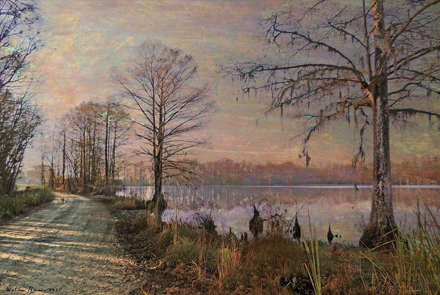 A scenic view of a trail path. Beside is a large body of water surrounded by bare trees