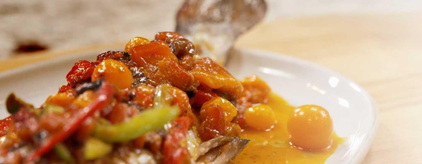 Cleophus’s Roasted Escovitch Trout with Roasted Pepper Compote