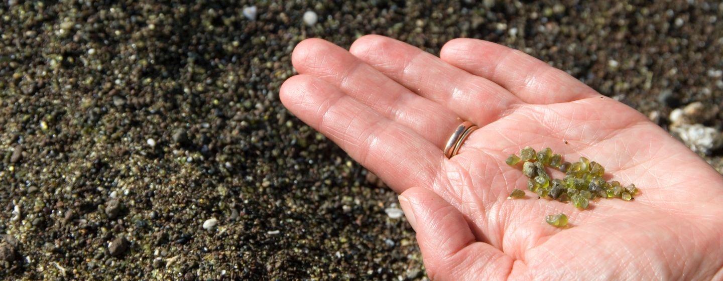 A hand holding a pile of green olivine crystals from sand.