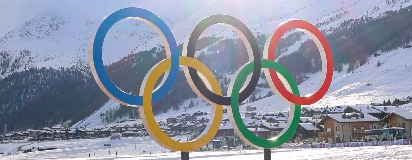 Olympic sign (The Olympic rings statue at a Winter Games venue in Bormio).