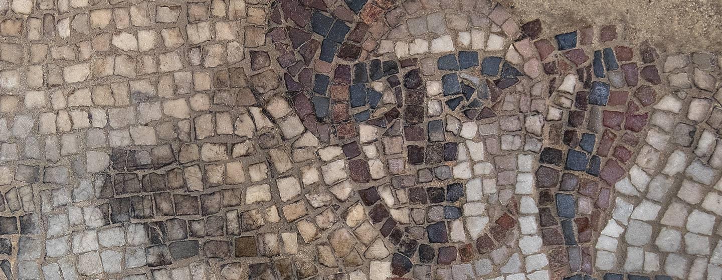 Tiled mosaic depicting a human face. The tiles are off white and the face is outlined in reddish purple colors.