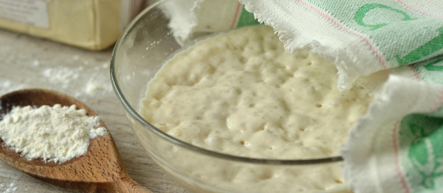 bowl of bread sourdough dough with flour on wooden spoon sitting on wood counter waiting for bread dough to rise