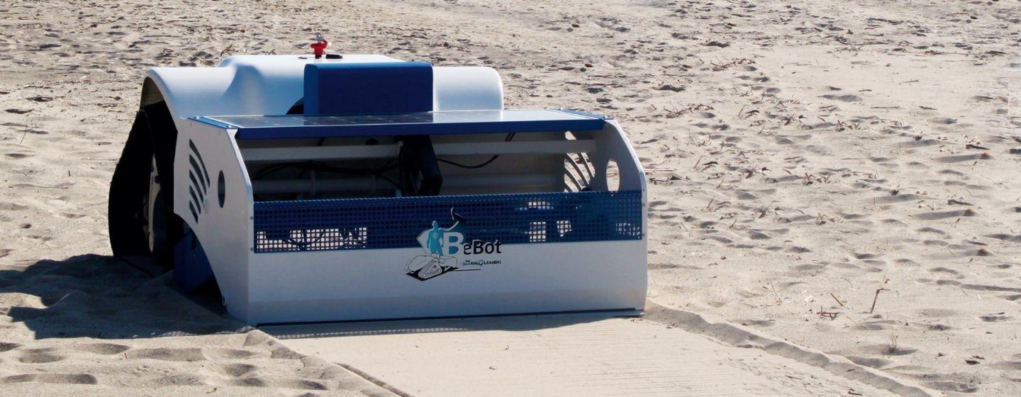 Sand-cleaning robot, BeBot, sweeping the sand clean.