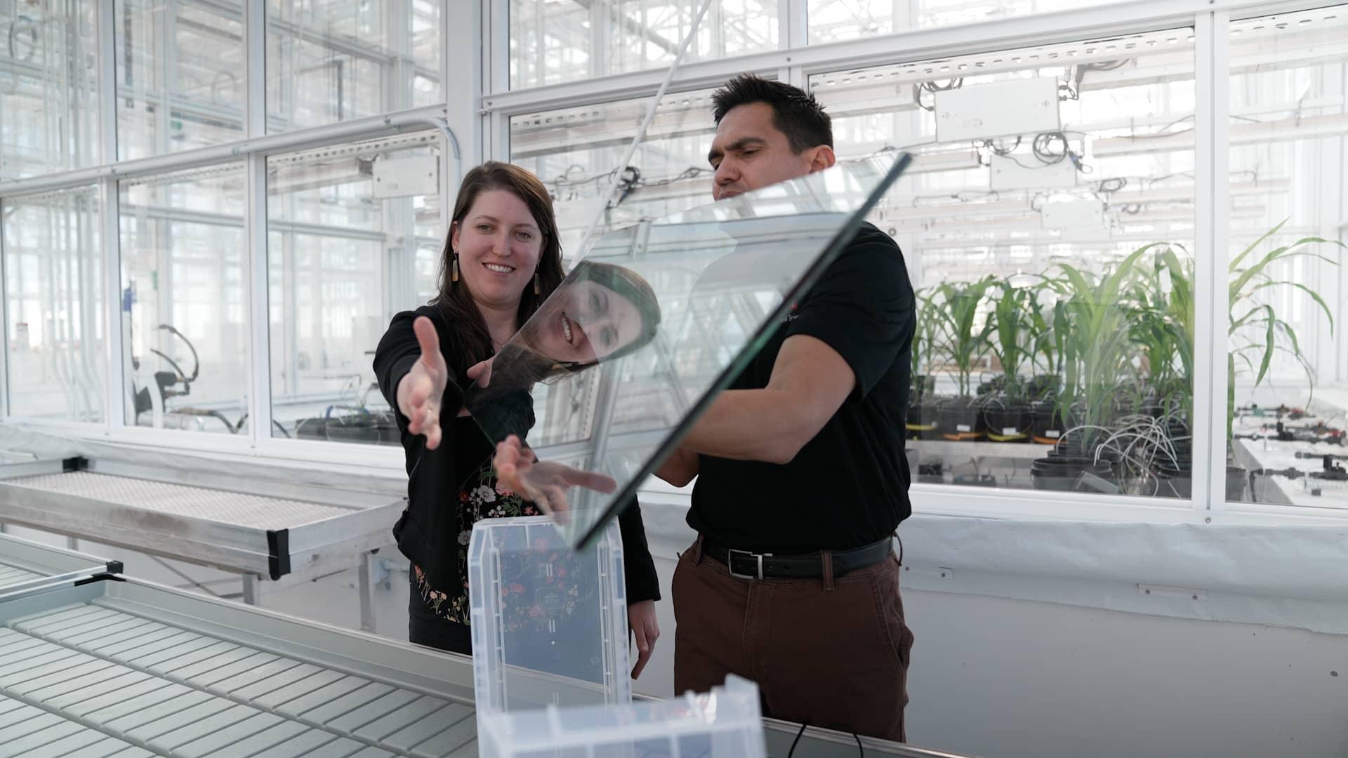 Prototypes of the solar panel array designed to interact with these glass panels are still in progress. Ricardo demonstrates how the setup might look, using PBS NC producer Michelle Lotker’s arm as a stand-in for the vertical solar panel. The angled glass would be repeated on the other side of the two-sided vertical solar panel. 