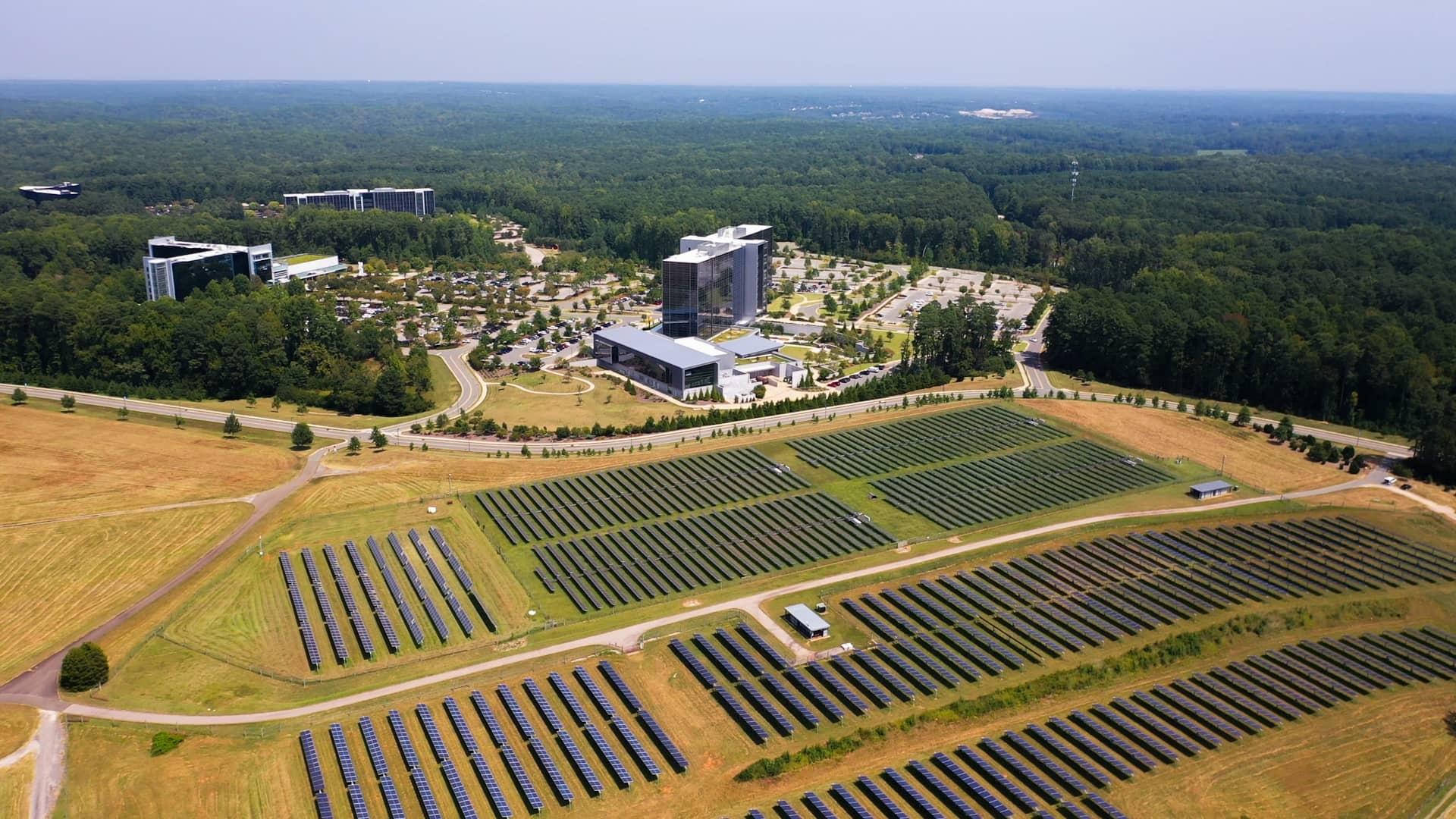 The SAS campus in Cary, NC, has two solar arrays onsite that produce more than four million kilowatt hours annually.