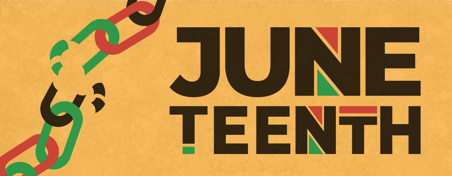 Juneteenth text on yellow background with illustration of broken chains